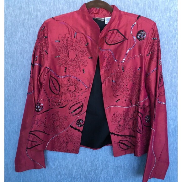 Bleu Bayou Long Sleeve Open Front 100% Silk Beaded Red Jacket Woman' SZ Medium - Picture 11 of 16